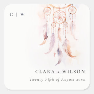 Chic Boho Feather Dreamcatcher Watercolor Wedding Square Sticker