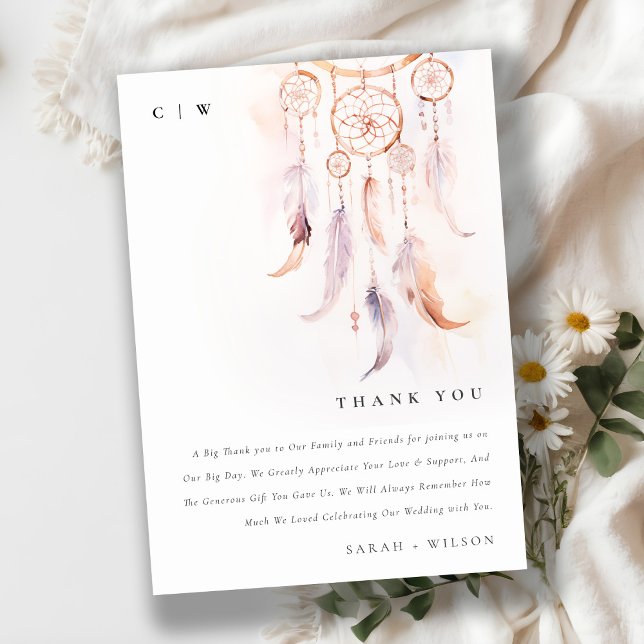Chic Boho Feather Dreamcatcher Watercolor Wedding Thank You Card (Creator Uploaded)