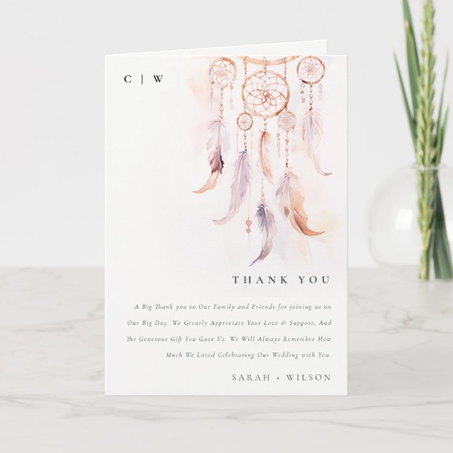 Chic Boho Feather Dreamcatcher Watercolor Wedding Thank You Card (Front)
