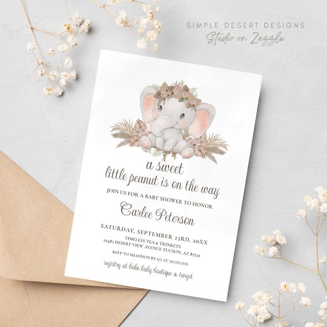 Chic Boho Floral Elephant Baby Shower Invitation (Cute Elephant Baby Shower Invitation with Boho Floral Pampas Grass Gender Neutral)