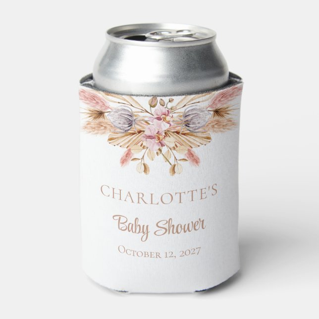 Chic Boho Floral Pampas Grass Baby Shower Can Cooler (Can Front)