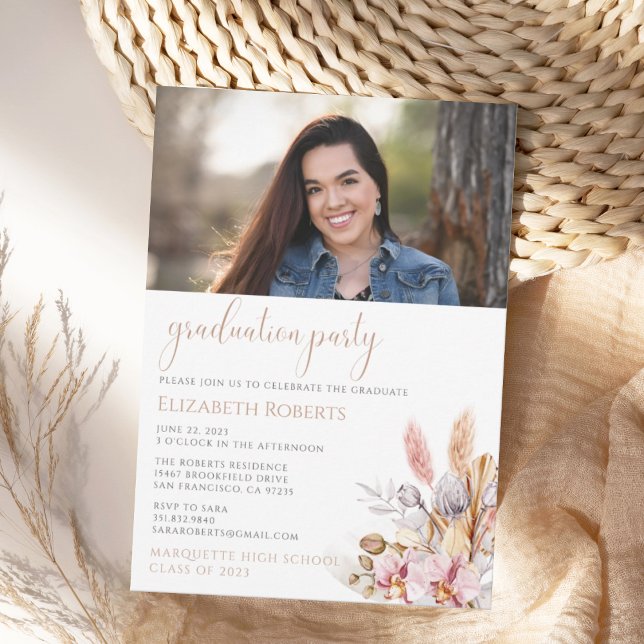 Chic Boho Floral Pampas Grass Graduation Invitation (Creator Uploaded)