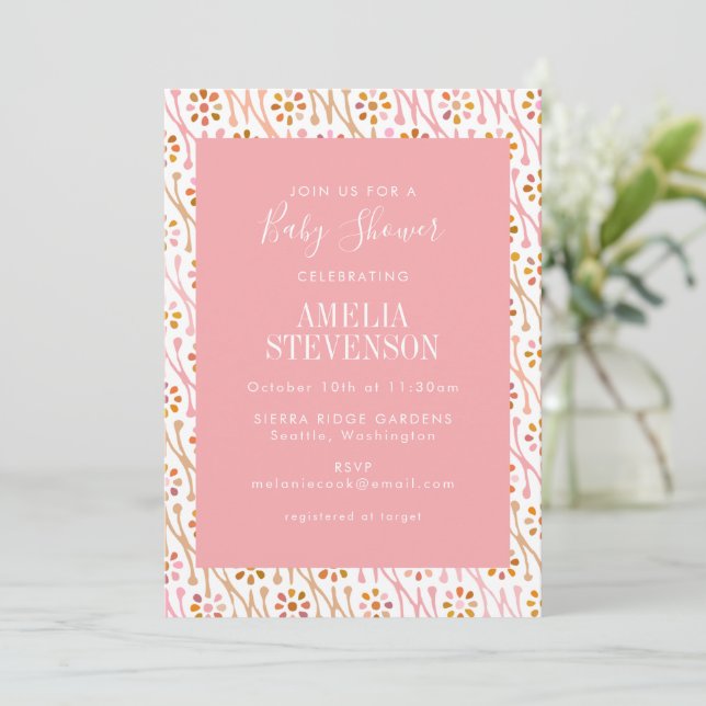 Chic Boho Floral Rose Pink Baby Shower Invitation (Standing Front)