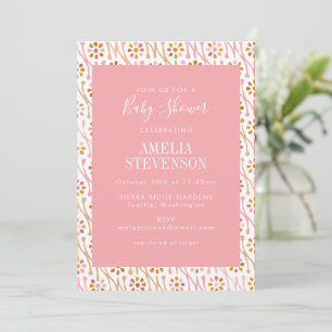 Chic Boho Floral Rose Pink Baby Shower Invitation