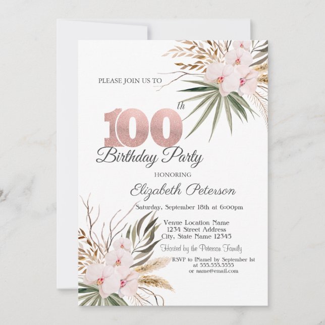 Chic Boho Flowers 100th Birthday Invitation (Front)