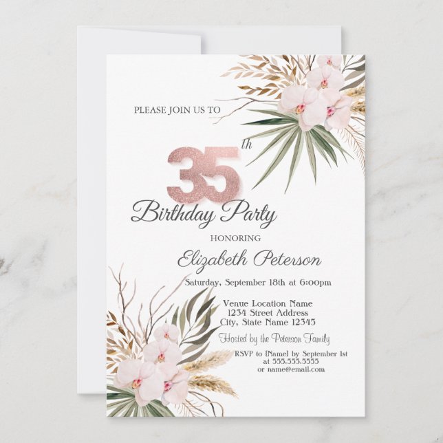 Chic Boho Flowers 35th Birthday Invitation (Front)