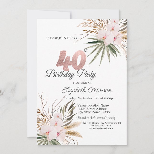 Chic Boho Flowers 40th Birthday Invitation (Front)