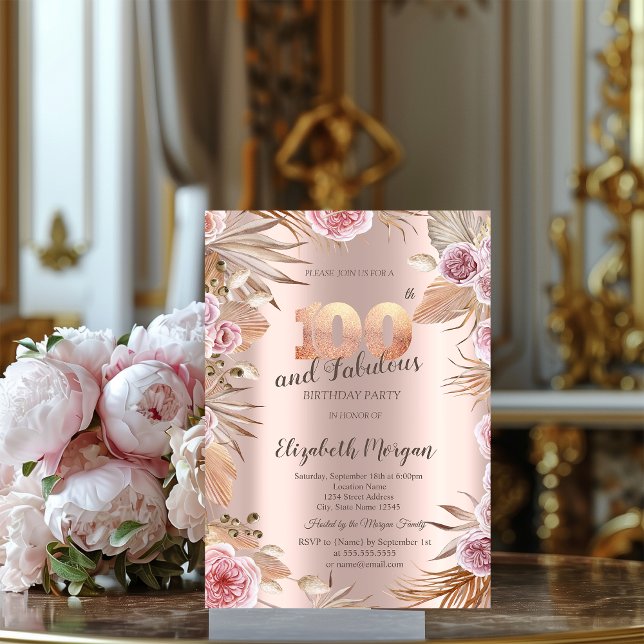 Chic Boho Flowers Rose Gold 100th Birthday  Invitation (Creator Uploaded)