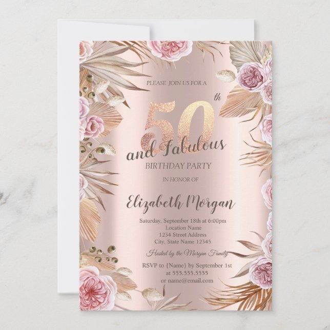Chic Boho Flowers Rose Gold 50th Birthday  Invitation (Front)