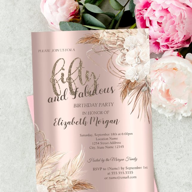 Chic Boho Flowers Rose Gold 50th Birthday Party  Invitation (Creator Uploaded)
