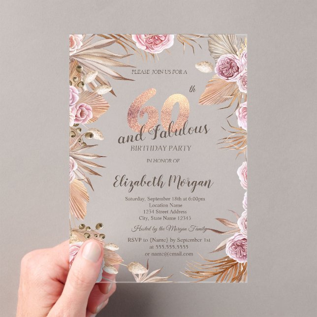 Chic Boho Flowers Rose Gold 60th Birthday  Acrylic Invitations (Insitu (Handheld))