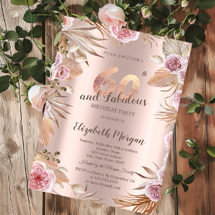 Chic Boho Flowers Rose Gold 60th Birthday  Invitation