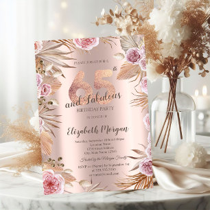 Chic Boho Flowers Rose Gold 65th Birthday Invitation