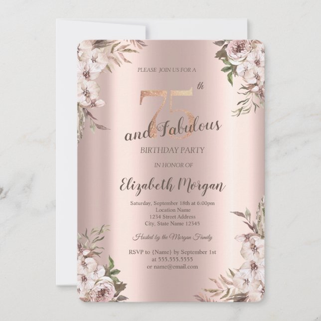 Chic Boho Flowers Rose Gold 75th Birthday  Invitation (Front)