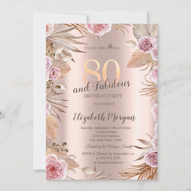 Chic Boho Flowers Rose Gold 80th Birthday  Invitation (Front)