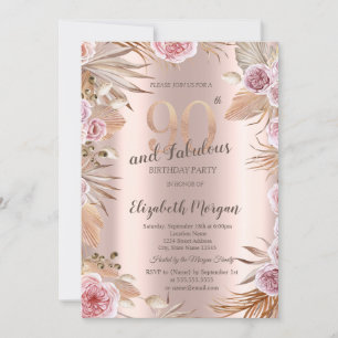 Chic Boho Flowers Rose Gold 90th Birthday Invitation