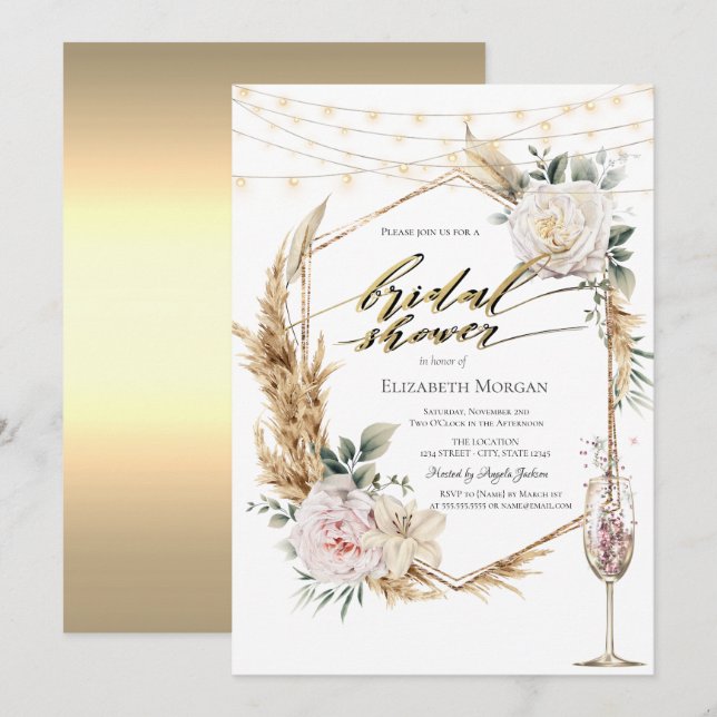 Chic Boho Flowers Rose Gold Bridal Shower  Invitation (Front/Back)
