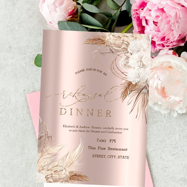 Chic Boho Flowers Rose Gold Rehearsal Dinner Invitation (Creator Uploaded)