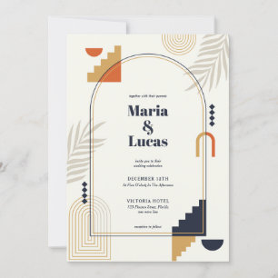 Chic boho geometric navy beige terracotta rust invitation