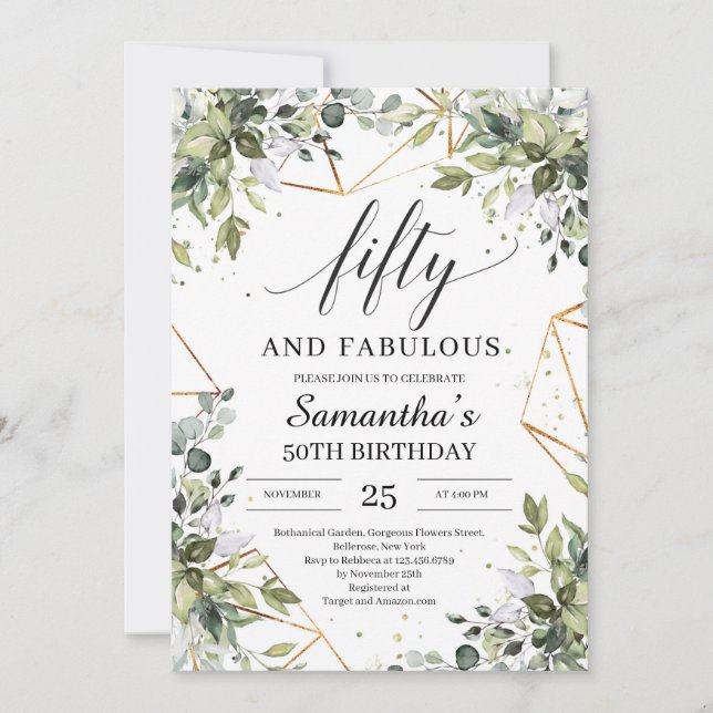 Chic Boho greenery foliage gold fifty and fabulous Invitation (Front)
