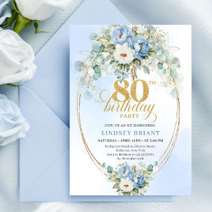 Chic Boho Light Blue Floral Gold 80th Birthday Invitation