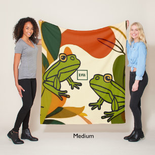 Chic boho line art abstract vector frogs Monogram Fleece Blanket
