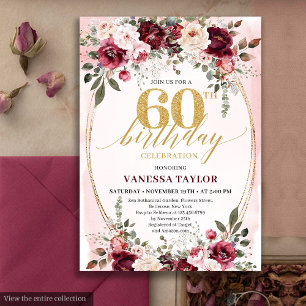 Chic Boho Maroon Gold Floral 60th Birthday Invite