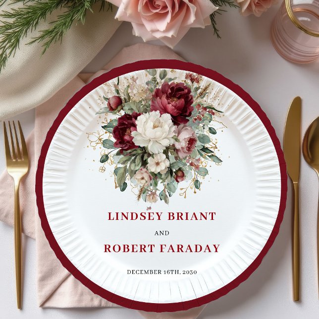 Chic Boho Marsala Floral Greenery Gold Plates (Chic Boho Marsala Floral Greenery Gold Plates)