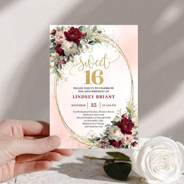 Chic Boho Marsala Gold Floral 16th Birthday Invite (Chic Boho Marsala Gold Floral 16th Birthday Invitation)