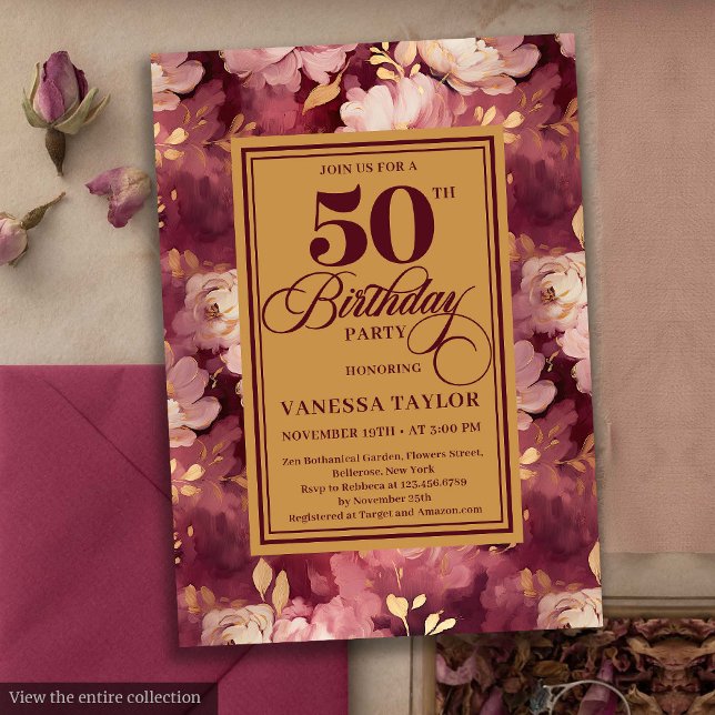 Chic Boho Marsala Gold Flowers 50th Birthday  Invitation (Chic Boho Marsala Gold Flowers 50th Birthday Invitation)