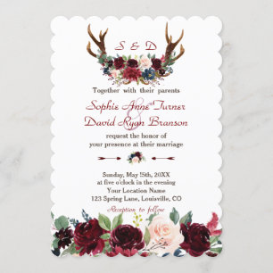 Chic Boho Merlot Navy Blue Floral Antlers Wedding Invitation