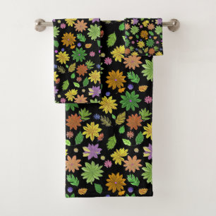 Chic Boho Multicolor Flowers & Leaves on Black Bath Towel Set