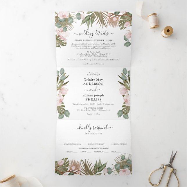 Chic Boho Orchids & Tropcal Dried Leaves Wedding Tri-Fold Invitation (Inside)