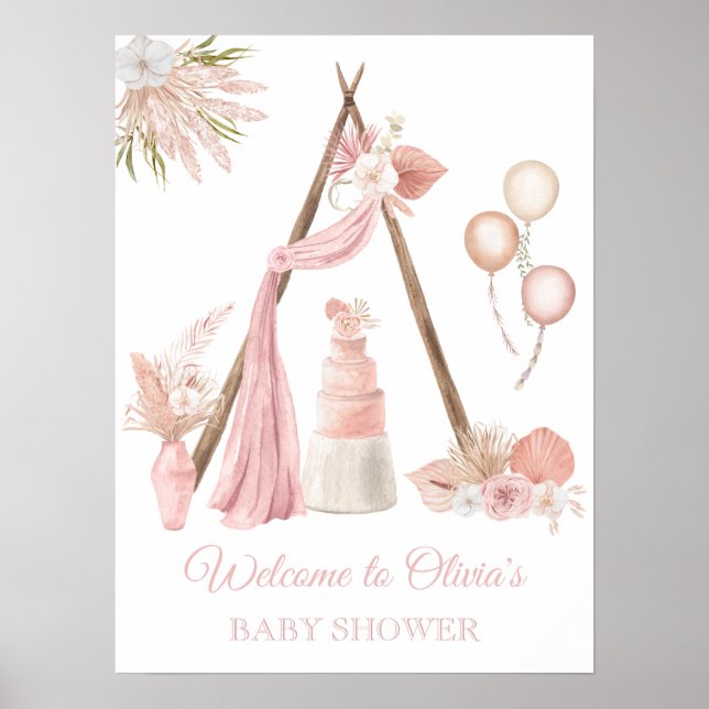 Chic Boho Pink Floral Baby Shower Welcome Poster (Front)