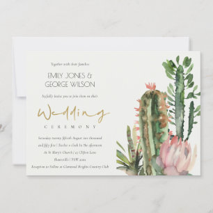 CHIC BOHO PINK FLORAL CACTI FOLIAGE WEDDING INVITATION