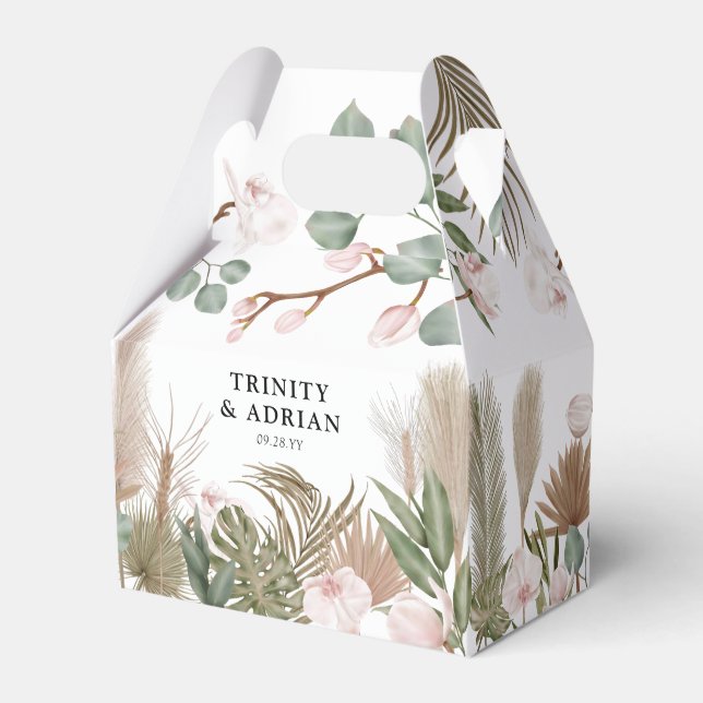 Chic Boho Pink Orchids & Dried Leaves Wedding Favour Box (Front Side)