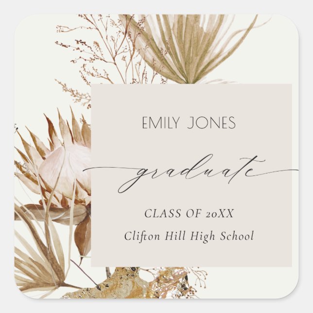 Chic Boho Protea Dry Palm Floral Photo Graduation Square Sticker (Front)