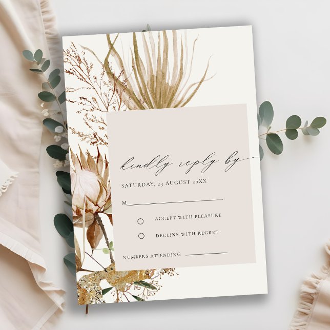 Chic Boho Protea Dry Palm Floral Wedding RSVP Enclosure Card (Creator Uploaded)