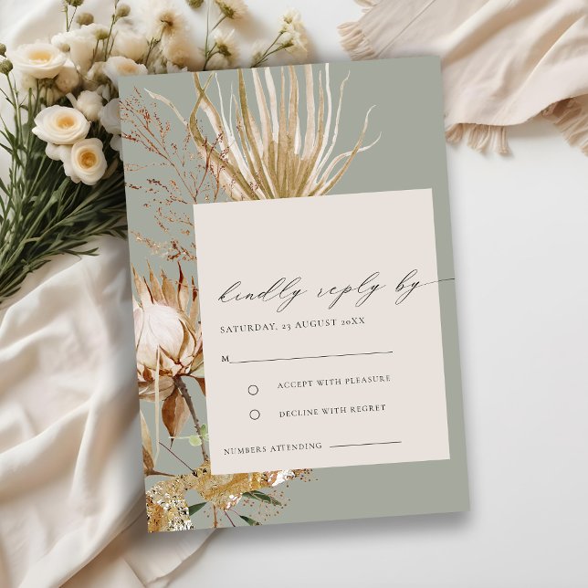 Chic Boho Protea Dry Palm Floral Wedding RSVP Enclosure Card (Creator Uploaded)