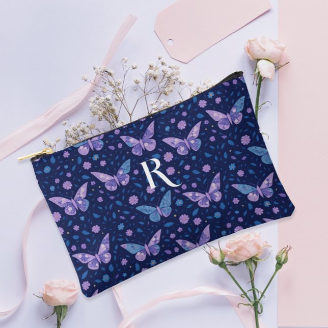 Chic Boho Purple Butterfly Pattern Monogram Accessory Pouch (Creator Uploaded)