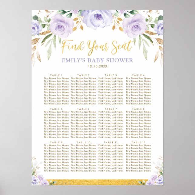 Chic Boho Purple Floral Girl Baby Shower Seating Poster (Front)