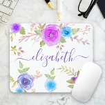 Chic boho purple floral watercolor monogram script mouse mat<br><div class="desc">Turquoise blue, purple, pink and periwinkle watercolor flowers and dark purple cassis script typography overlay a white background on this beautiful, rustic, romantic, vintage floral custom name mousepad. Add your name to personalise. Makes a chic and stylish statement every time you use it. A great gift for a friend, as...</div>