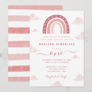 Chic Boho Rainbow and Clouds Pastel Pink Birthday Invitation