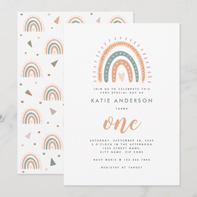 Chic Boho Rainbow Pastel First Birthday Invitation (Front/Back)