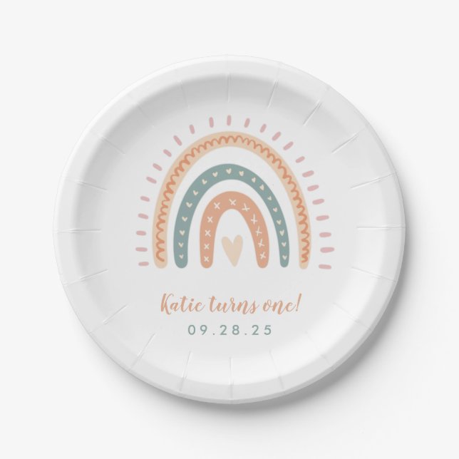 Chic Boho Rainbow Pastel First Birthday Paper Plate (Front)