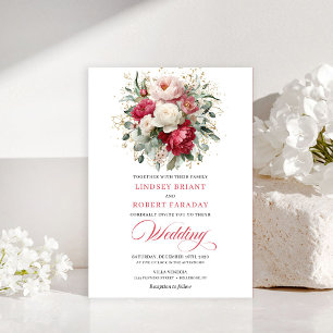 Chic Boho Red Blush Greenery Wedding Invitation