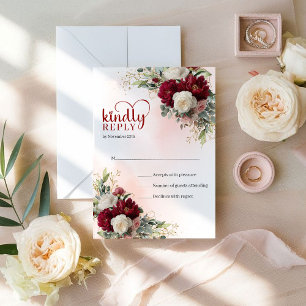 Chic Boho Red White Flowers Gold Wedding RSVP Card