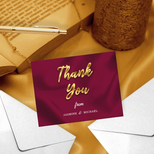 Chic Boho Rustic Burgundy and Gold Script Wedding Thank You Card (Creator Uploaded)