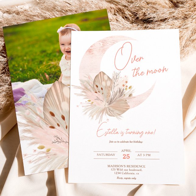 Chic boho rustic pampas floral moon 1st birthday invitation (Creator Uploaded)