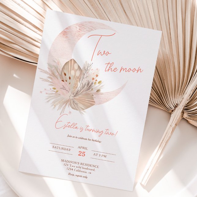 Chic boho rustic pampas floral moon 2nd birthday invitation (Creator Uploaded)